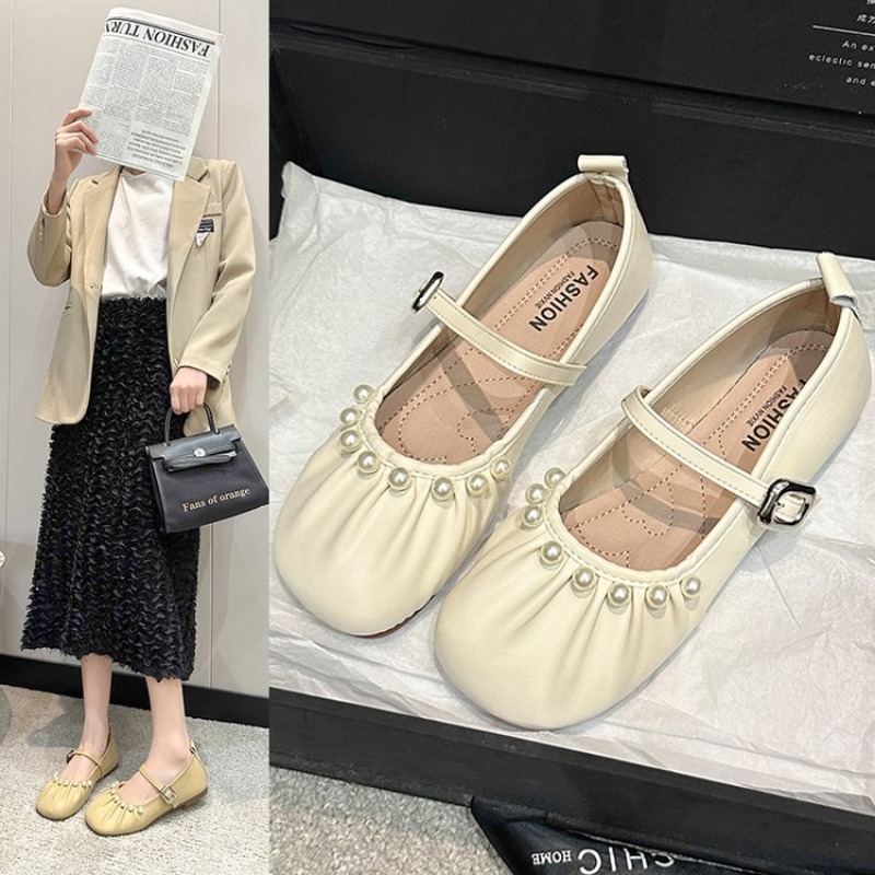 Women Shoes Loafers - Comfortable Pearl Mary Jane Flats for