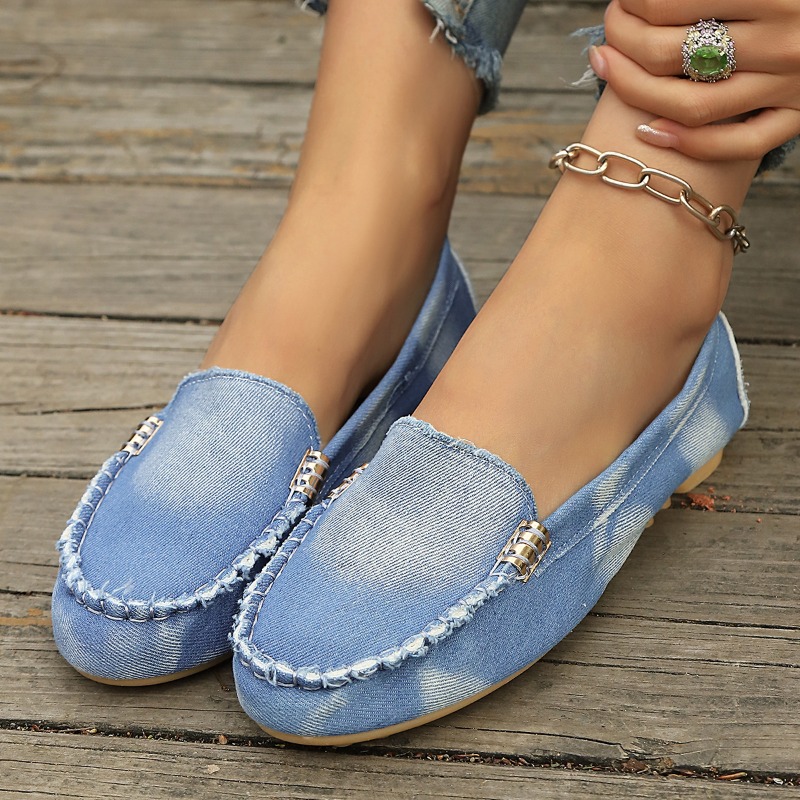 Women Shoes Loafers - Fashion Light Blue Denim Moccasins Slip